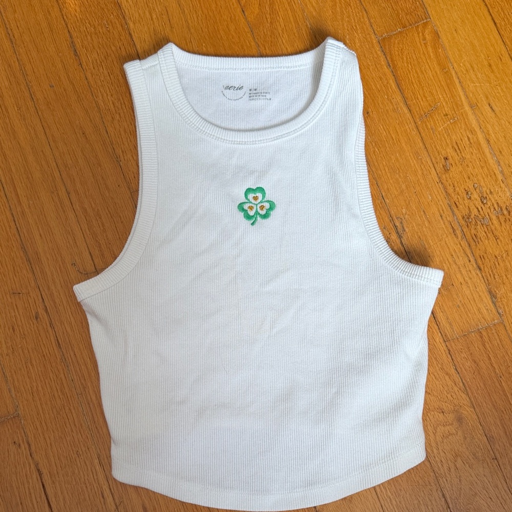 Aerie White Tank Top with Green Embroidery